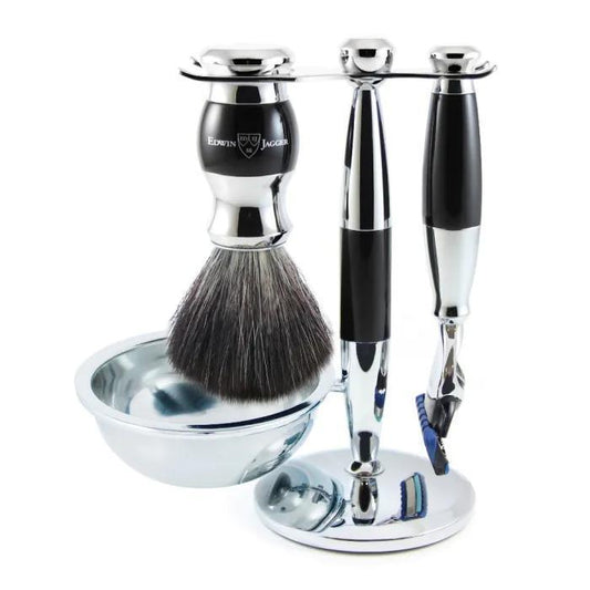 Edwin Jagger | Gillette® Fusion® ProGlide® Razor Shaving Set Imitation Ebony & Chrome 4pc (Black Synthetic)