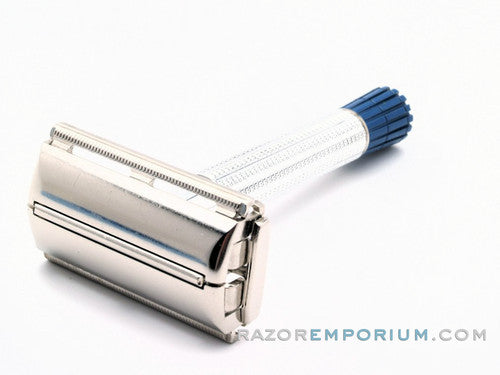 1956 B1 Gillette Blue Tip Light DE Super Speed Razor Nickel Set w/ Case & Blade Bank