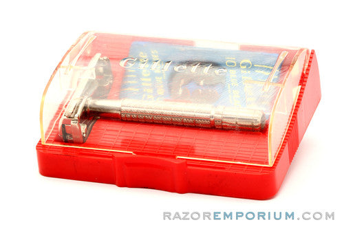 1959 E1 Gillette  Regular Flair Tip Super Speed Safety Razor Set w/ Case & Blade Bank