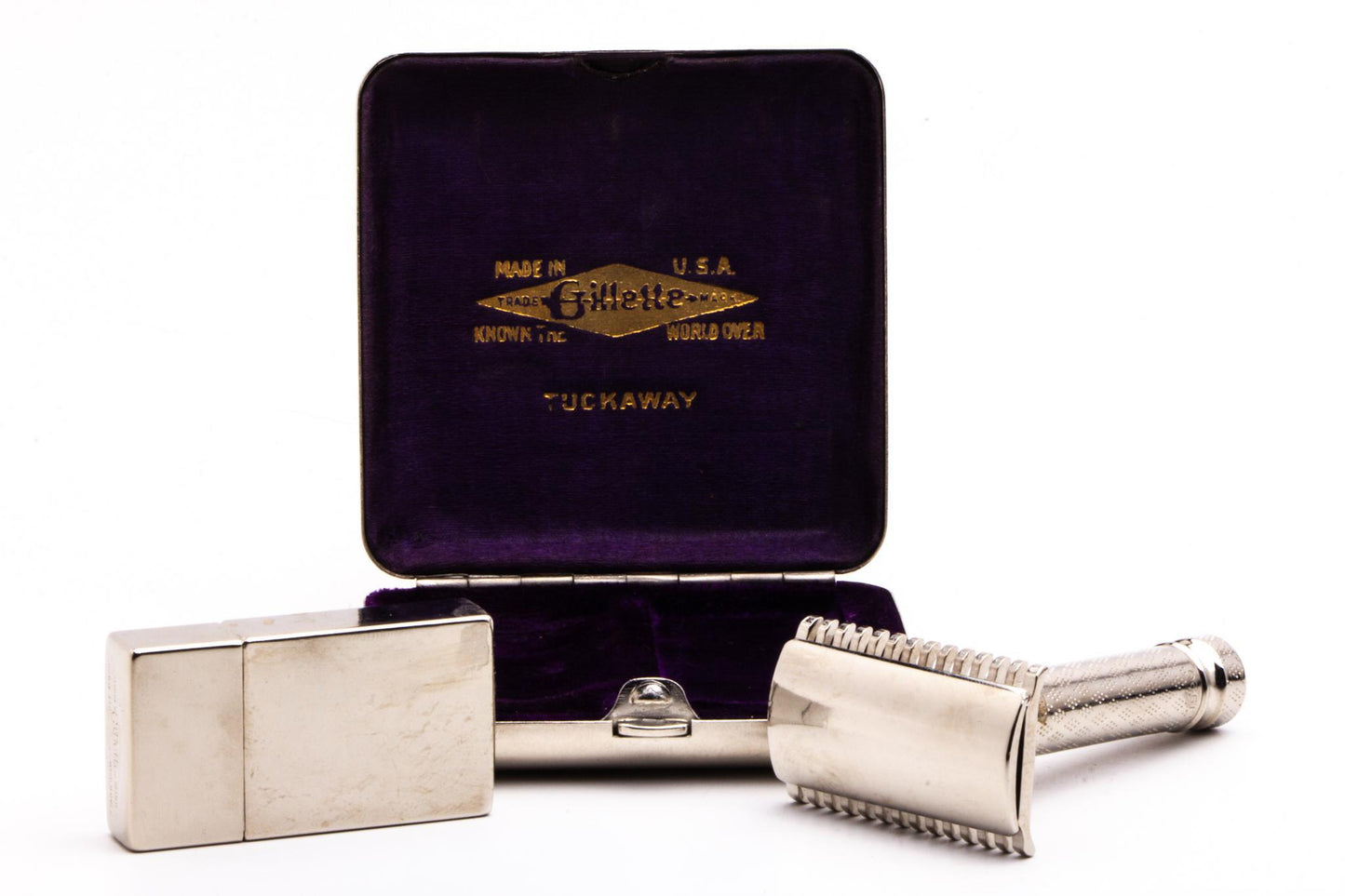 1920s Gillette New Improved Tuckaway Safety Razor Set w/ Case and Blade Bank | Factory Nickel Revamp