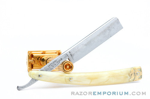 6/8" Dubl Duck Pearlduck Wonderedge Straight Razor w/ Original Gold Inlay Celluloid Scales  | Solingen, Germany