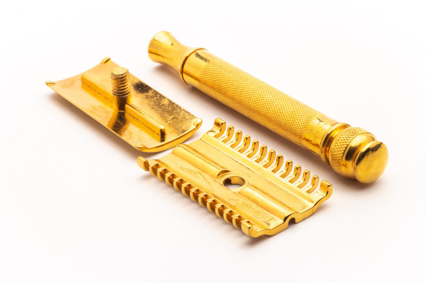 1930's Gillette NEW Ball End Long Comb Double Edge Safety Razor Set With Blue Blades | 24K Gold Revamp Copy