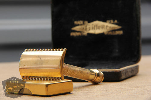 Gillette 1930's Gold Ball End Old Type Style DE Razor in Black Leather Case