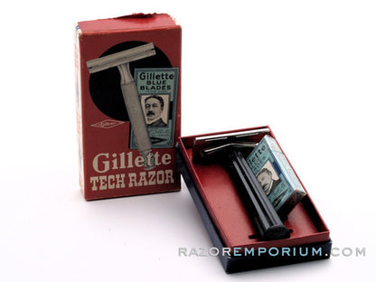 1951 W1 Gillette Black Handle Tech DE Razor in Original Red Box w/ Blades