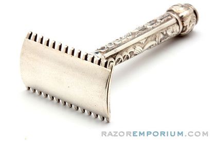 1909 Gillette Silver OLD Type ABC Pocket Edition Floral Handle - Open Comb DE Razor Set