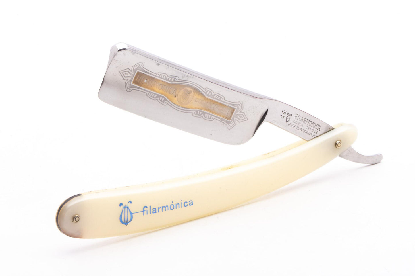 7/8" Filarmonica 14 Doble Temple Jose Monserrat Pou Straight Razor With Blue Inlay