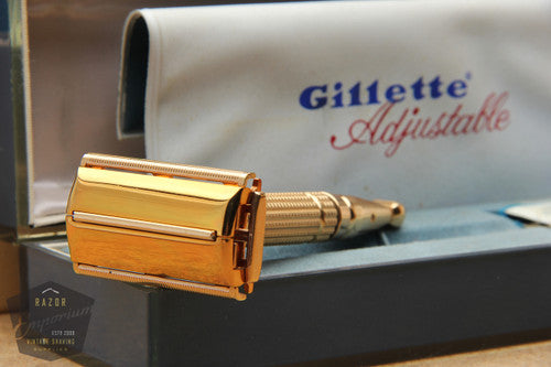 Gillette 1958 Gold Toggle Adjustable DE Safety Razor Set w/ Case & Instructions - D1 - NOS