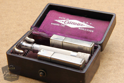 Gillette 1920 Silver Single Ring Old Type Set in Leather Case w/ Blade Banks