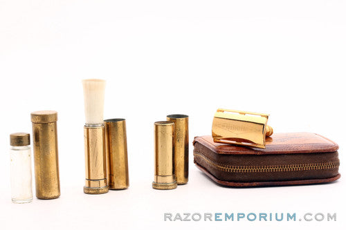 1947-51 Gillette Gold Ball End Travel Tech Safety Razor Set with Leather Zip Pouch