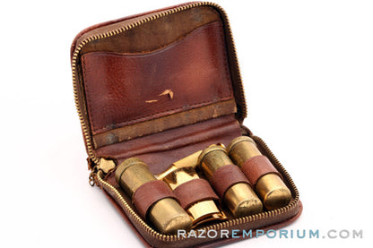 1947-51 Gillette Gold Ball End Travel Tech Safety Razor Set with Leather Zip Pouch