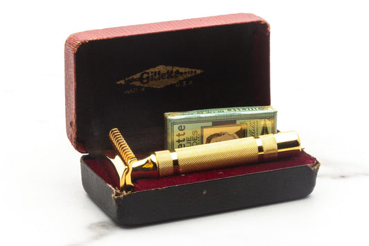 1930s Gillette 'NEW' Long Comb Common Bar Gold Double Edge Safety Razor Set | Original Condition