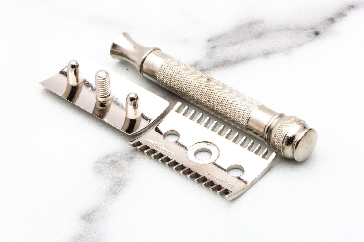 1920's Gillette Ball End Old Type Safety Razor Set With Case & Blades | Factory Nickel Revamp