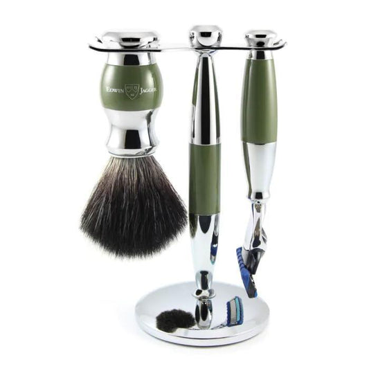 Edwin Jagger | Gillette® Fusion® ProGlide® Razor Shaving Set Green & Chrome 3pc (Black Synthetic)