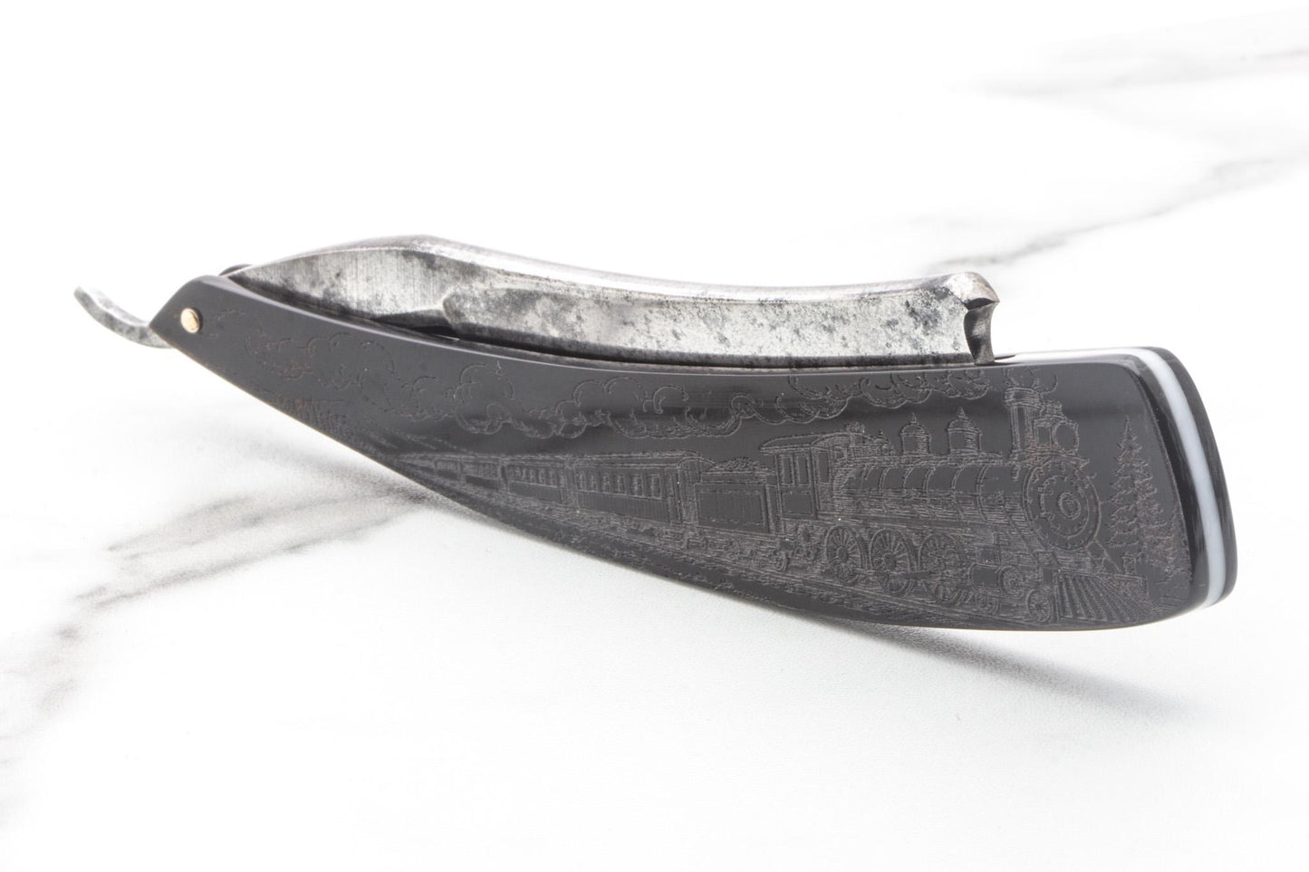 6/8" Vintage Restored Frederick's "Celebrated" Straight Razor With Custom Train Etched Scales