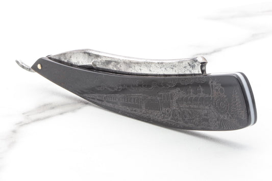 6/8" Vintage Restored Frederick's "Celebrated" Straight Razor With Custom Train Etched Scales