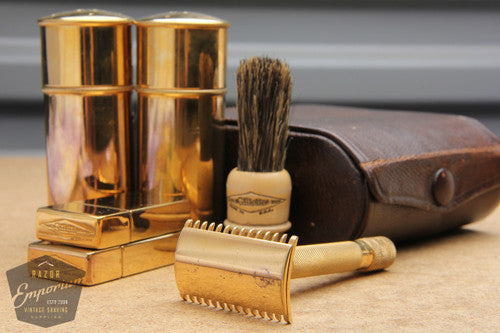 Gillette 1918 Gold Single Ring Travel Combination Set in Original Brown Leather