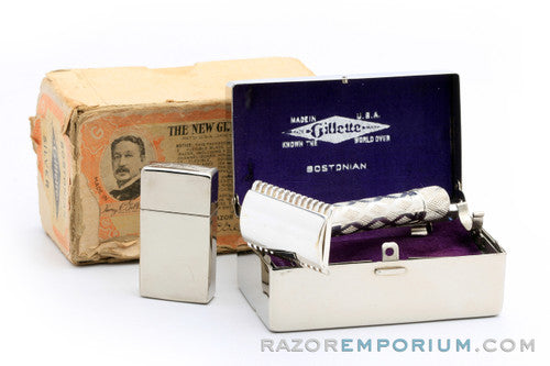1922 Gillette Silver NEW Bostonian Safety Razor Set in Orig. Box - Excellent