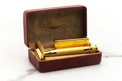 1930's Gillette NEW Ball End Long Comb Double Edge Safety Razor Set | 24K Gold Revamp