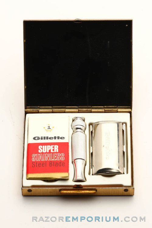 1969 O3 Gillette Ball End Travel Tech Safety Razor Set w/ Case and Blades