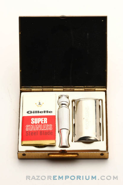 1969 O3 Gillette Ball End Travel Tech Safety Razor Set w/ Case and Blades