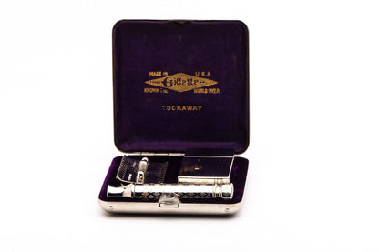 1920s Gillette New Improved Tuckaway Safety Razor Set w/ Case and Blade Bank | Factory Nickel Revamp
