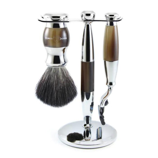 Edwin Jagger | Gillette® Mach3® Razor Shaving Set Imitation Horn & Chrome 3pc (Black Synthetic)