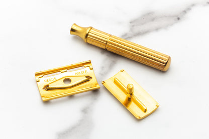 1946-53 Gillette Gold Fat Handle Tech in Blue & Gold Shipper with Original Case | New Old Stock