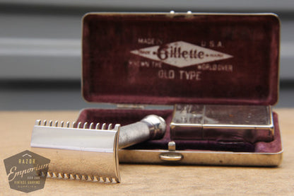 Gillette 1924 Silver Basketweave Pocket Edition - Old Type Open Comb DE Razor Set
