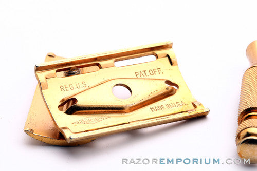 1947-51 Gillette Gold Ball End Travel Tech Safety Razor Set with Leather Zip Pouch