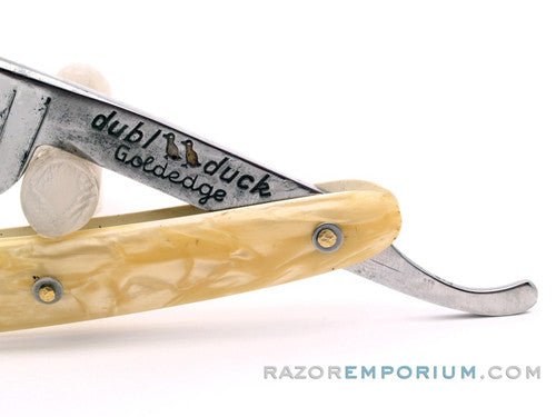 6/8"  Dubl Duck Pearlduck Goldedge w/ Gold Inlay Celluloid Scales Straight Razor | Solingen, Germany