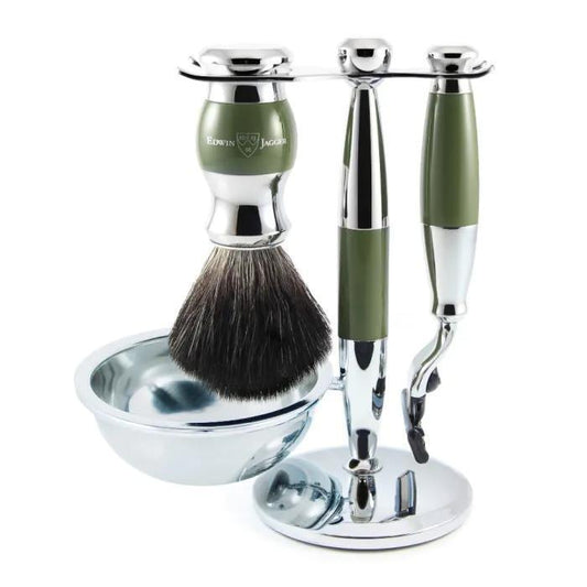 Edwin Jagger | Gillette® Mach3® Razor Shaving Set Green & Chrome 4pc (Black Synthetic)