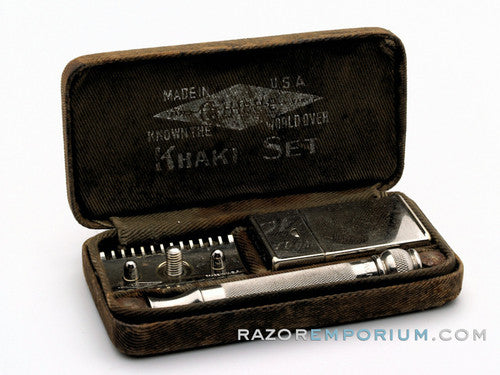 1910's Gillette Khaki Service Set Ball End Old Type w/ Case & Blade Bank
