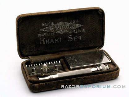 1910's Gillette Khaki Service Set Ball End Old Type w/ Case & Blade Bank