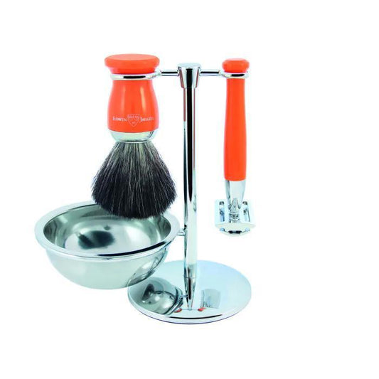 Edwin Jagger | Double Edge Safety Razor Shaving Set Orange 4pc (Black Synthetic)