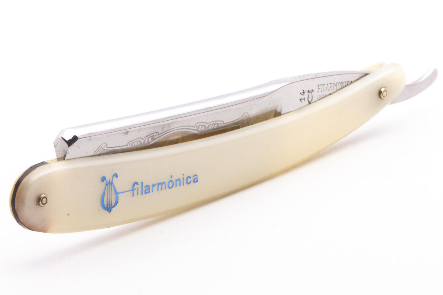 7/8" Filarmonica 14 Doble Temple Jose Monserrat Pou Straight Razor With Blue Inlay