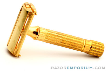 1940's Gillette Gold Regent Tech DE Safety Razor Set w/ Leather Case & Original Blade Bank