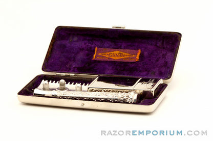 1909 Gillette Silver ABC Pocket Edition Greek Handle Old Type Shell Open Comb DE Razor Set