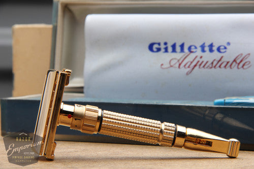 Gillette 1960 Gold Toggle Adjustable DE Safety Razor Set w/ Case & Instructions - F4 - NOS