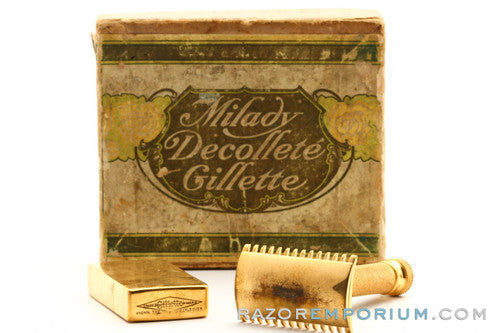 1919 Gillette Milady Decollete DE Safety Razor in White Case 24K Gold Revamp w/ Blade Bank and Box