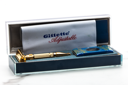 1960 F4 Gillette Gold Toggle Adjustable DE Safety Razor Set with Case & Instructions | Original Condition