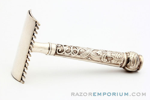 1909 Gillette Silver OLD Type ABC Pocket Edition Floral Handle - Open Comb DE Razor Set