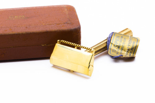 Gem 1940's Micromatic Gold Clog Pruf Single Edge Safety Razor w/ Brown Case and Blade Bank