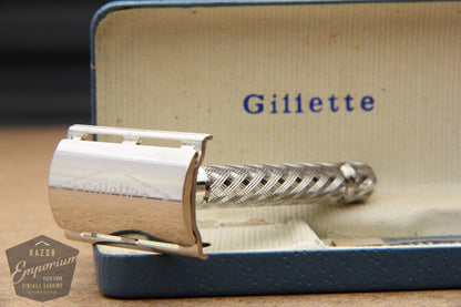 Gillette 1960's Spiral Handle Ball End Tech Safety Razor w/ Blue Case - Made in England