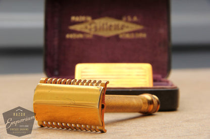 Gillette 1930's Gold NEW Long Comb Ball End Double Edge Safety Razor Set w/ Orig. Case