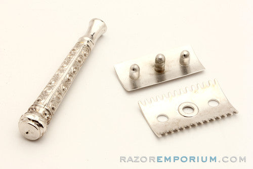 1909 Gillette Silver ABC Pocket Edition Greek Handle Old Type Shell Open Comb DE Razor Set
