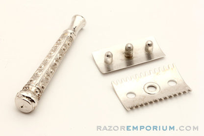 1909 Gillette Silver ABC Pocket Edition Greek Handle Old Type Shell Open Comb DE Razor Set