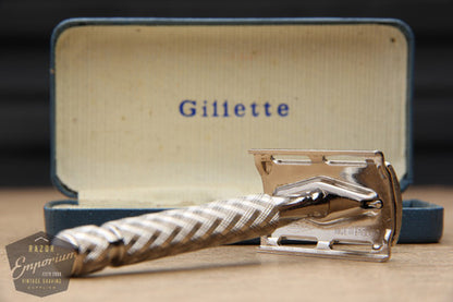 Gillette 1960's Spiral Handle Ball End Tech Safety Razor w/ Blue Case - Made in England