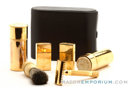 1917 Gillette Original Gold Single Ring Travel Set in Black Leather Case with Script Logo, 2 Blade Banks, & 2 Canisters