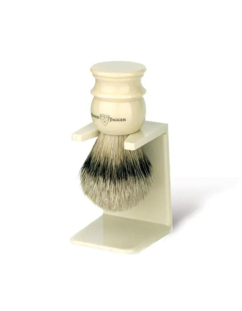 Edwin Jagger |  English Shaving Brush, Imitation Ivory with Silver Tip Badger, Medium with Stand