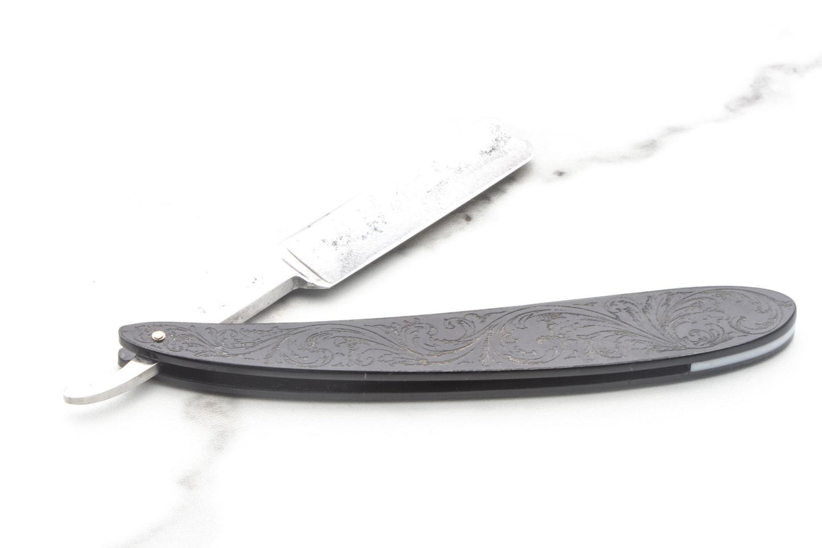 5/8" Vintage Restored Wade & Butcher Straight Razor with Custom Etched Filigree Black Acrylic Scales